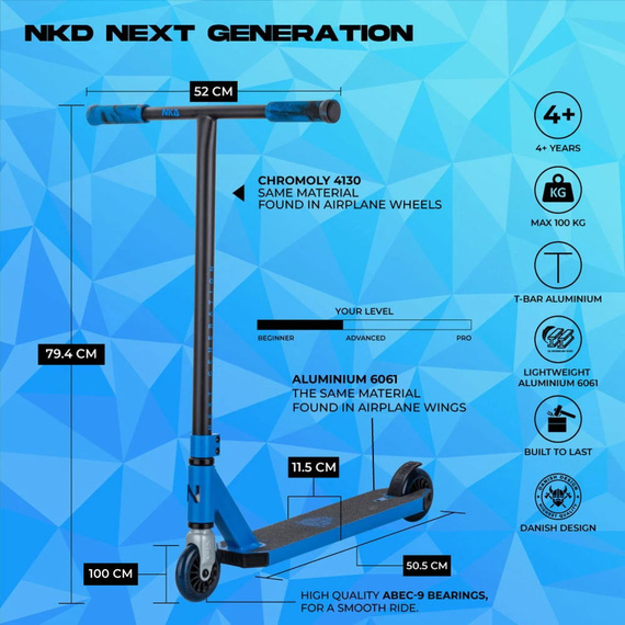 Hulajnoga Wyczynowa Aluminiowa Lekka dla młodych riderów NKD Next Generation Raw Blue wys. 79,4 cm