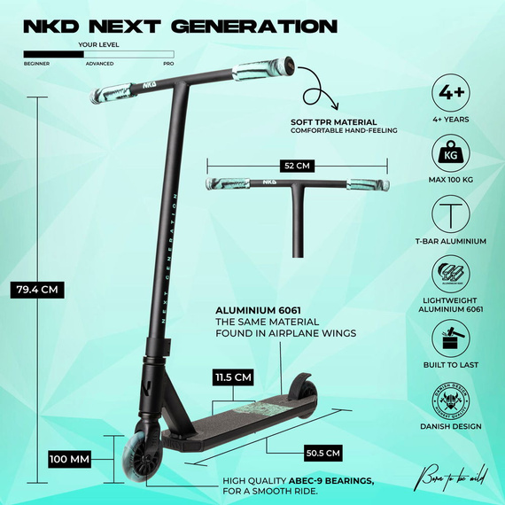 Hulajnoga Wyczynowa Aluminiowa Lekka dla młodych riderów NKD Next Generation Czarno-Miętowy wys. 79,4 cm