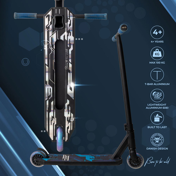 Hulajnoga Wyczynowa Aluminiowa Lekka dla młodych riderów NKD Next Generation Czarno-Niebieski wys. 79,4 cm