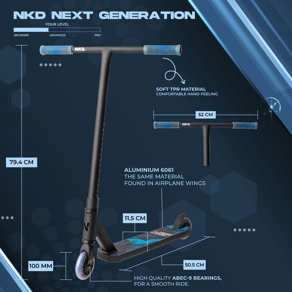 Hulajnoga Wyczynowa Aluminiowa Lekka dla młodych riderów NKD Next Generation Czarno-Niebieski wys. 79,4 cm