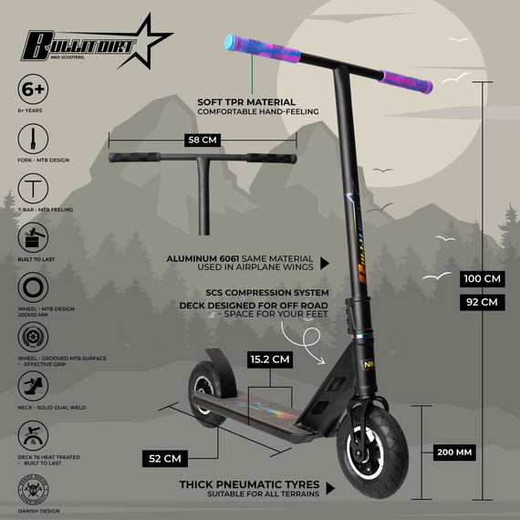 Terenowa Hulajnoga Wyczynowa NKD Bullit Dirt Scooter Czarno-Tęczowy 92 cm