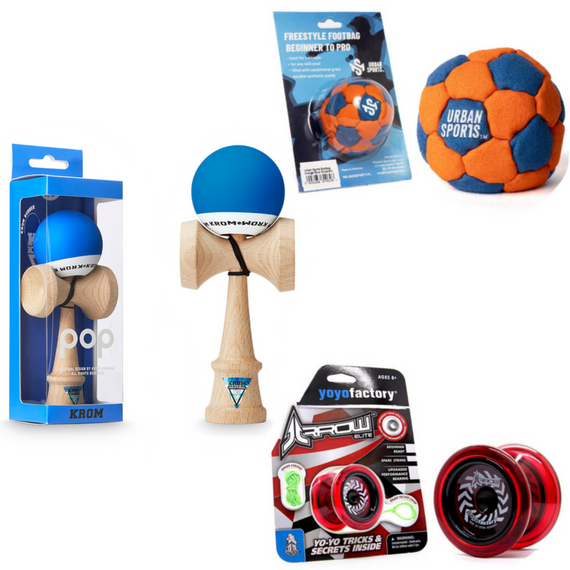 Zestaw Skill Toy Supreme: Kendama Krom Pop, Yoyo YoyoFactory Arrow, Footbag, Frisbee, Fingerboard, Finger BMX