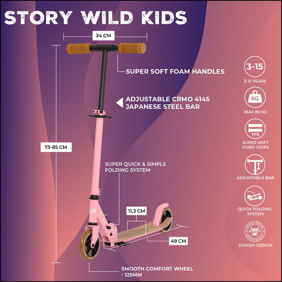 Hulajnoga Miejska Transportowa dla dzieci i młodzieży Story Wild Kids Różowy wys. 73–85 cm