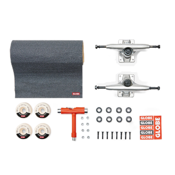 Zestaw do deskorolki GLOBE Everything But The Deck Kit Raw Finish: Trucki Slant 5.5", Kółka Globe G1 53 mm, Łożyska ABEC-7, Griptape, Montażówki, Skate Tool