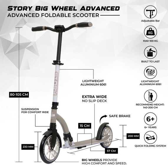 Hulajnoga Miejska Transportowa Story Big Wheel Advanced Foldable Scooter Szaro-Brązowy 230/200 mm