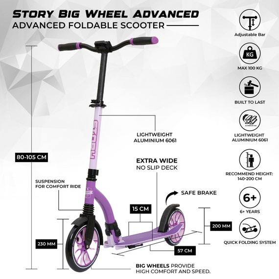Hulajnoga Miejska Transportowa Story Big Wheel Advanced Foldable Scooter Fioletowy 230/200 mm