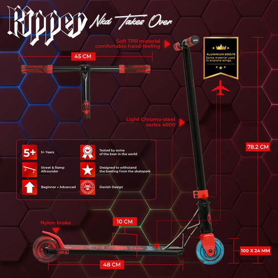 Hulajnoga Wyczynowa NKD Ripper Stunt Scooter Czarno-Czerwony wys. 78,2 cm