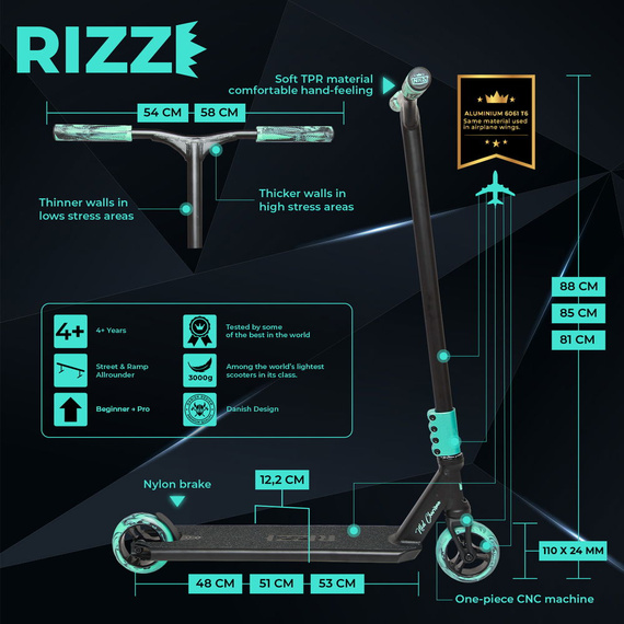 Hulajnoga Wyczynowa NKD RIZZ Stunt Scooter Miętowo-Czarny 81 cm