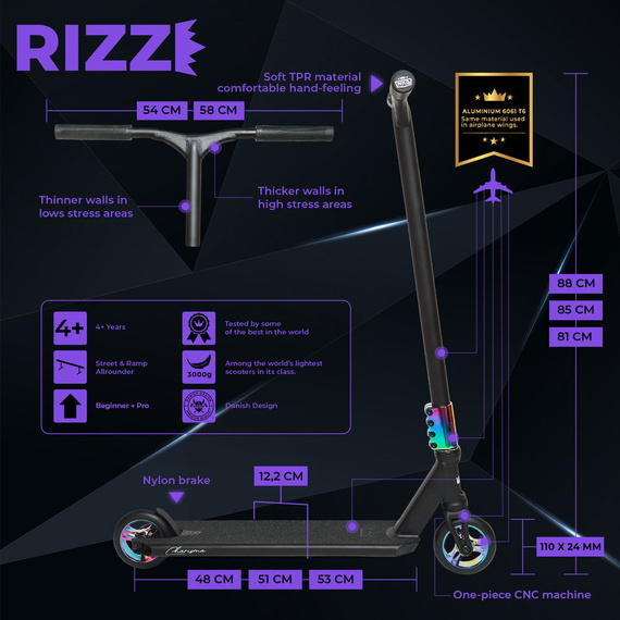 Hulajnoga Wyczynowa NKD RIZZ Stunt Scooter Czarno-Tęczowy 81 cm