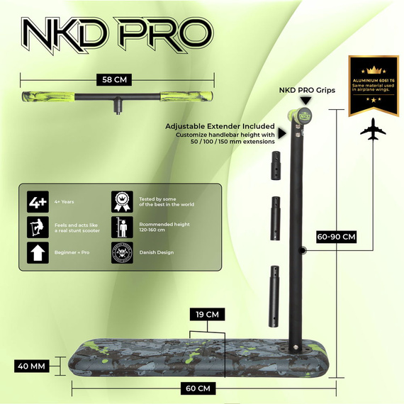 Hulajnoga wyczynowa na trampolinę NKD PRO 7.5" Trampoline Scooter Czarno-Limonkowy wys. 60-90 cm